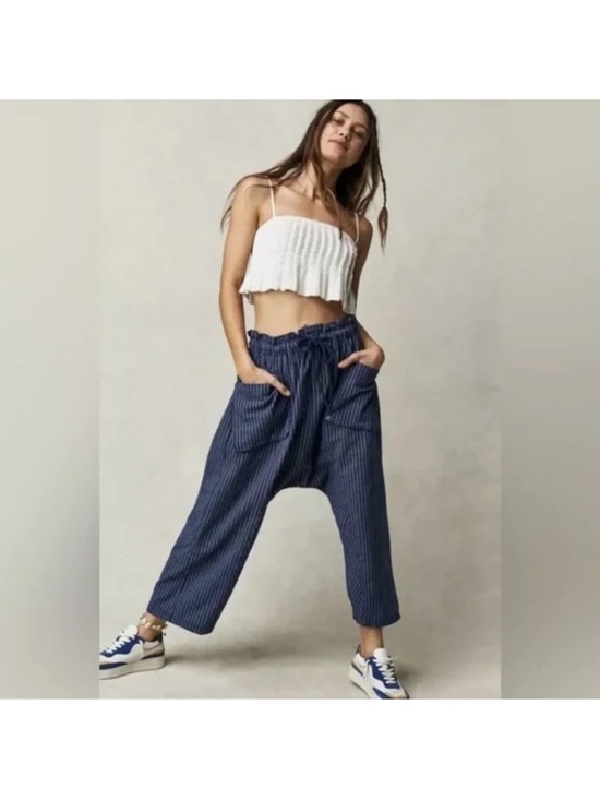 Free People Pants - Free People Navy Pinstripe Drop-Crotch Wide Leg Pants